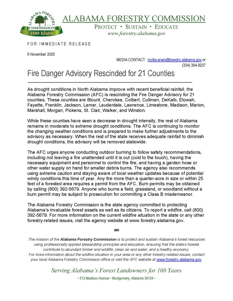 ALForestryComm's tweet image. 📢FOR IMMEDIATE RELEASE📢
Alabama Forestry Commission Rescinds Fire Danger Advisory for 21 Counties