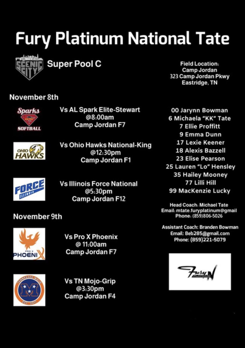 Can’t wait to sub this weekend with <a href="/27FuryPlatinum/">Fury Platinum National Tate</a> at the Scenic City Showcase in Chattanooga, TN! Come check us out, schedule is attached. <a href="/Coach__MKC/">Mary Connolly</a> <a href="/GabbyCurran/">Gabby Curran</a> <a href="/MCCheetahs/">Chicago Cheetahs Connolly</a>