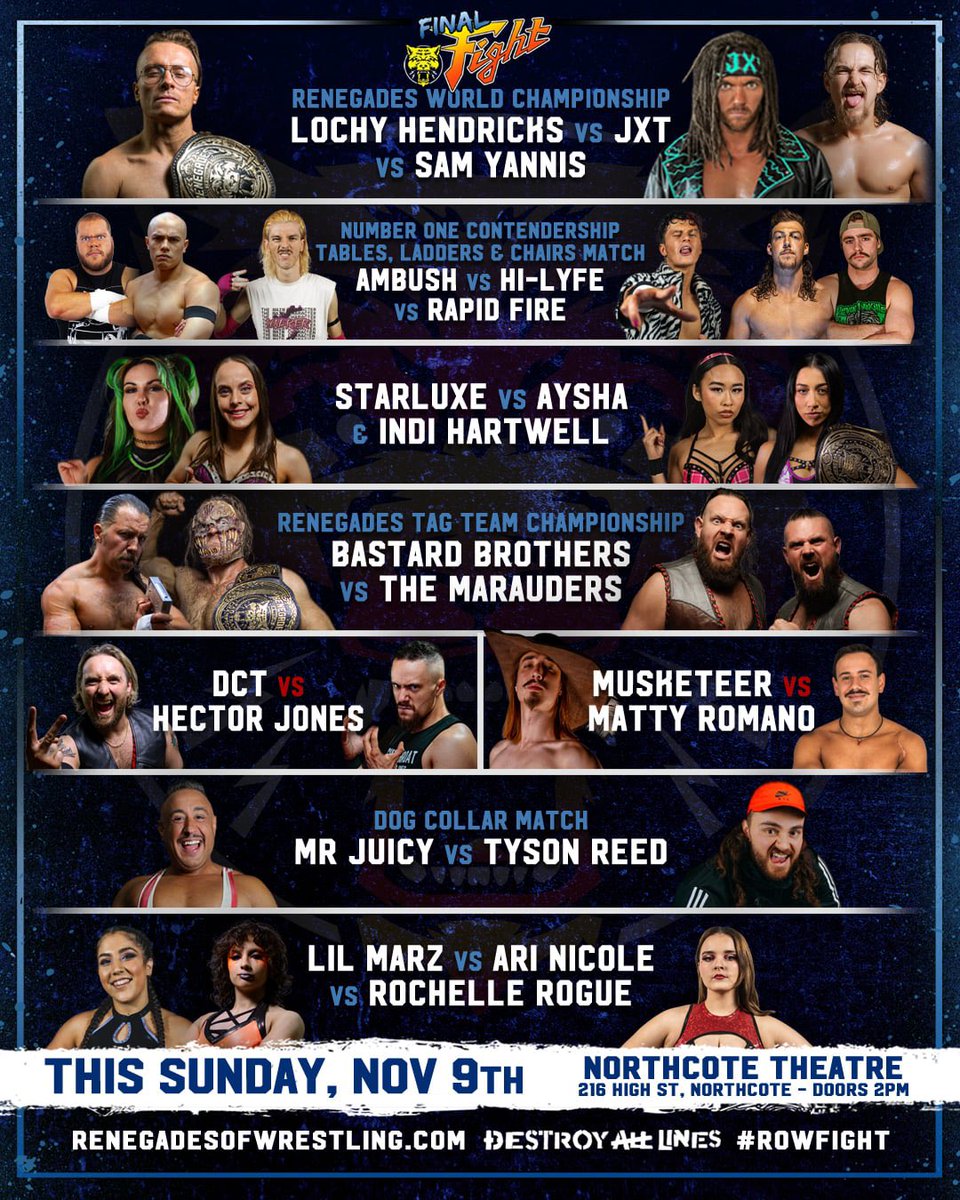 THIS SUNDAY, the Renegades present #ROWfight at the Northcote Theatre!

Featuring two title matches, a triple threat TABLES, LADDERS &amp; CHAIRS match, <a href="/indi_hartwell/">Indi Wrestling</a> in action and more, this is an unmissable event!

Tix available online or at the door:
linktr.ee/ROWrestlingAU