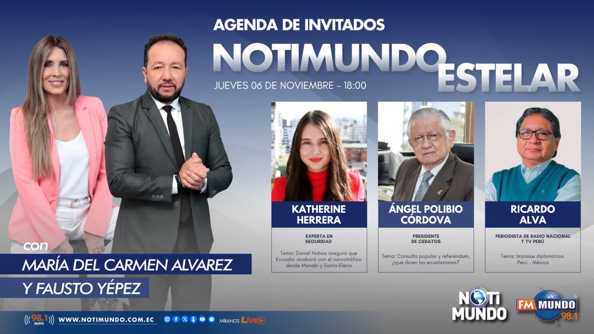 🌎#AGENDA | Las noticias y los protagonistas que marcan la jornada informativa míralos en #NotiMundoEstelar con <a href="/faustoyepezTA/">Fausto Yépez</a> y #MaríaDelCarmenÁlvarez.

🎙️ <a href="/KathaHerreraA/">Katherine Herrera Aguilar</a>
🎙️ <a href="/polibiocordova1/">polibio cordova</a>
🎙️ <a href="/RALVAMARTINEZ/">Ricardo Alva Martínez</a>

📻 Sintoniza 98.1 #Quito

🔴Míranos por #FmMundoLive  ➡️