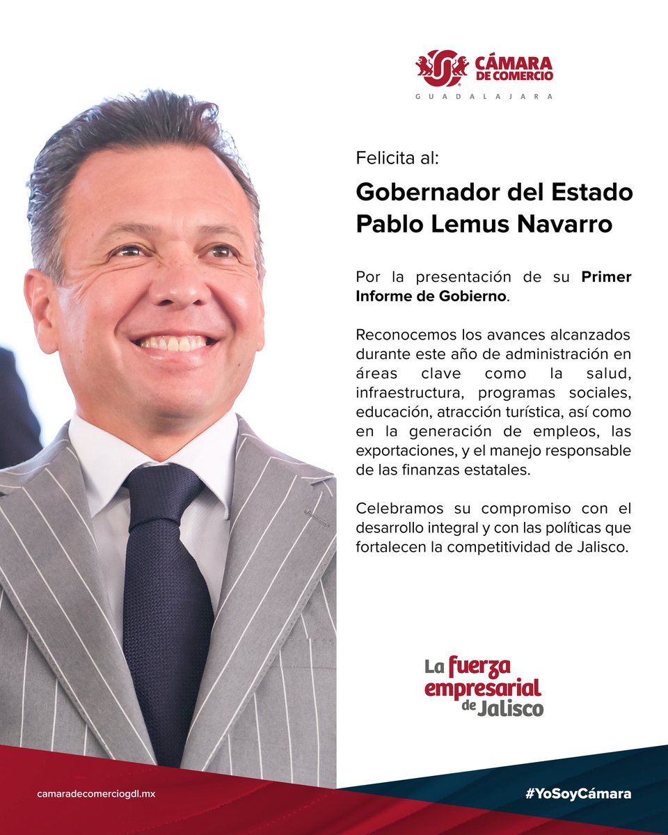 Reconocemos el compromiso del Gobernador del Estado, <a href="/PabloLemusN/">Pablo Lemus Navarro</a>, quien hoy presentó su Primer Informe de Gobierno.

Celebramos los avances logrados durante este primer año de administración en materia de salud, educación, infraestructura, programas sociales, atracción turística