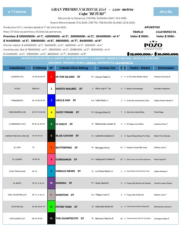 Se corre este sábado en <a href="/HipodromoArgPal/">Hipódromo de Palermo</a>, a las 18.15, el Gran Premio Nacional, un Grupo 1 con trece ratificados. Son 2500 metros en la pista de arena.
#Turf #carreras #caballos #hipodromo #Palermo #datos #clasicos #analisis #TripleCorona