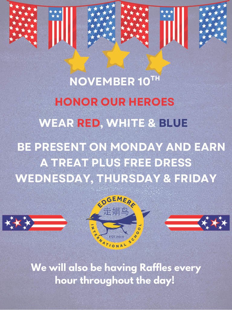 ❤️🤍💙 Roadrunners honor Veterans Day with spirit! Wear your patriotic colors Monday and enjoy free dress the rest of the week (Wednesday–Friday)!