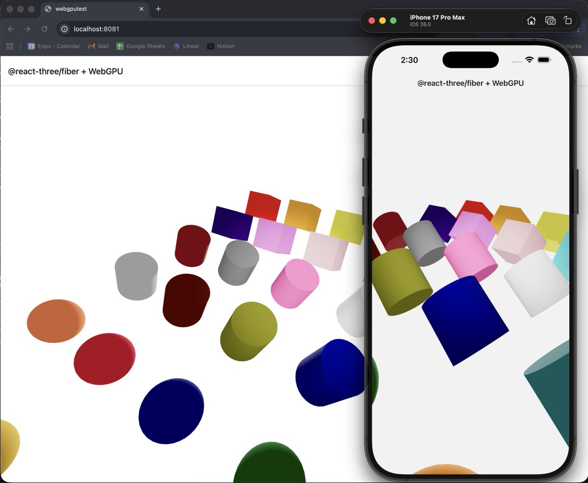 React Native WebGPU by <a href="/wcandillon/">William Candillon</a> is such a cracked library 🔥

Created a template so you can try the preview + react-three-fiber today!

npx create-expo-app -e with-webgpu