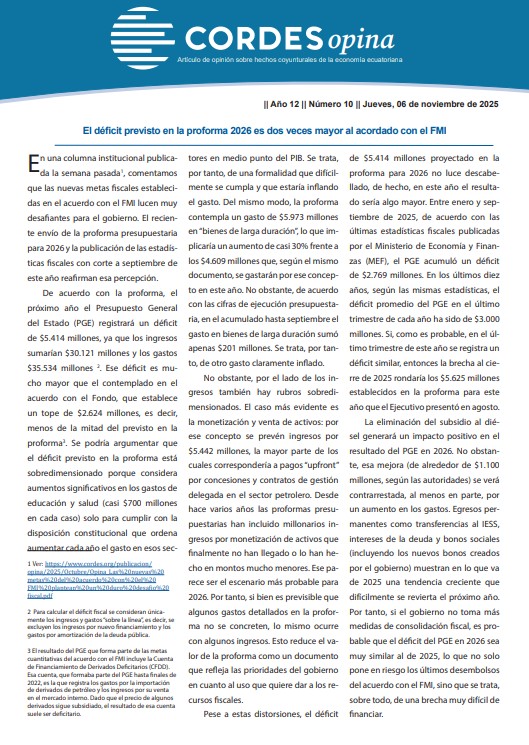 La proforma del PGE para 2026 prevé un déficit de $5.414 millones, pero el resultado acordado con el FMI es de $2.624 millones. Más allá de sus distorsiones, la proforma refleja la necesidad de nuevas medidas de consolidación fiscal. Nuestro análisis: cordes.org/publicacion/op…