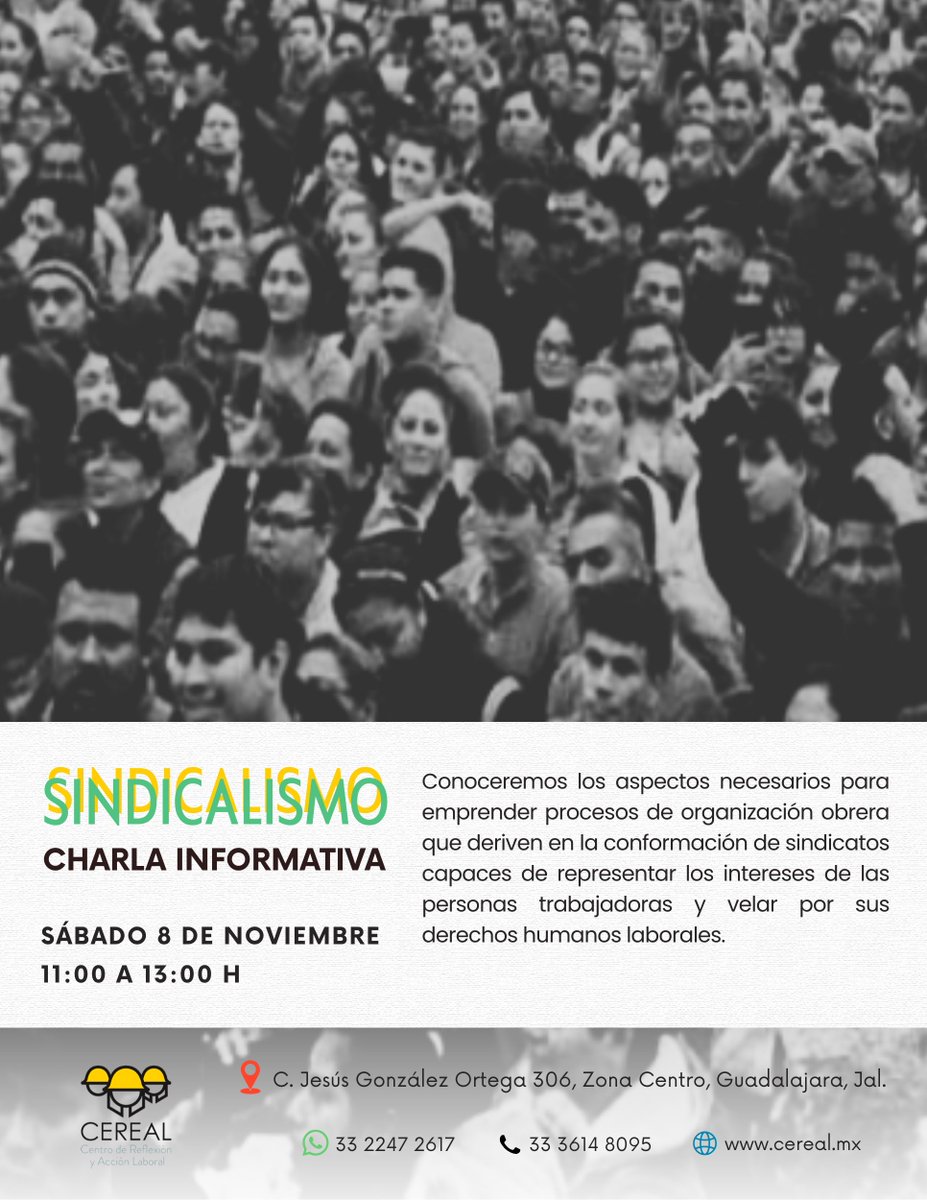 cerealdhl's tweet photo. La conformación de sindicatos es una de las expresiones más legítimas y eficaces de representación y encauzamiento de las demandas obreras. ✊🏽
Acompáñanos este sábado 8 de noviembre, de 11:00 a 13:00 h, a la charla informativa sobre #sindicalismo, en CEREAL. 👷🏽‍♀️��🏽 https://t.co/5npV20olO5