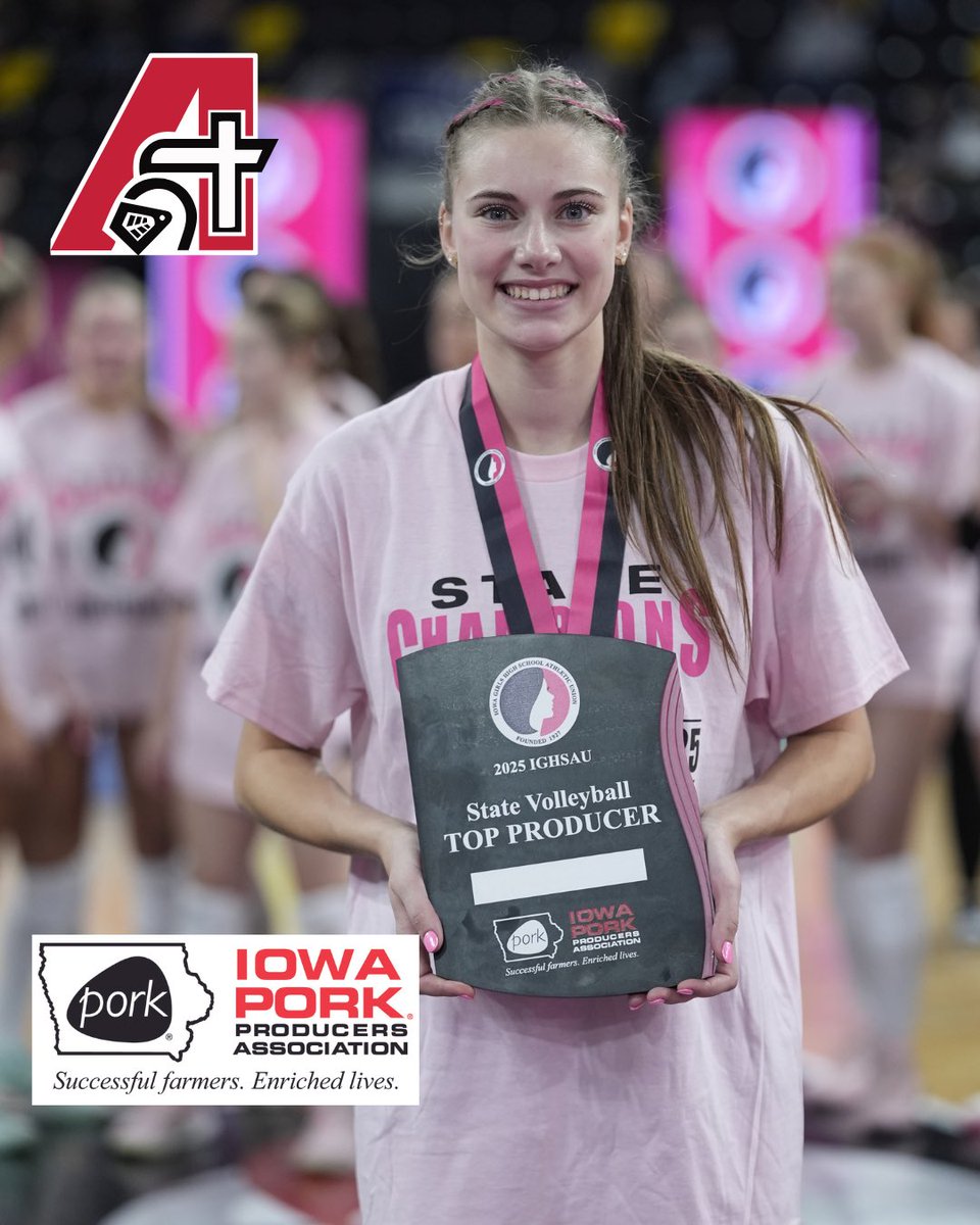 IGHSAU's tweet image. 𝐓𝐎𝐏 𝐏𝐑𝐎𝐃𝐔𝐂𝐄𝐑 𝐏𝐑𝐄𝐒𝐄𝐍𝐓𝐄𝐃 𝐁𝐘 𝐈𝐎𝐖𝐀 𝐏𝐎𝐑𝐊 💪🏐

Carsyn Kelley from Assumption is our Class 3A Top Producer of the 2025 State Volleyball Tournament presented by Iowa Pork Producers Association. 

@IowaPork 

#IGHSAU #IowaGirl #StateVolleyball