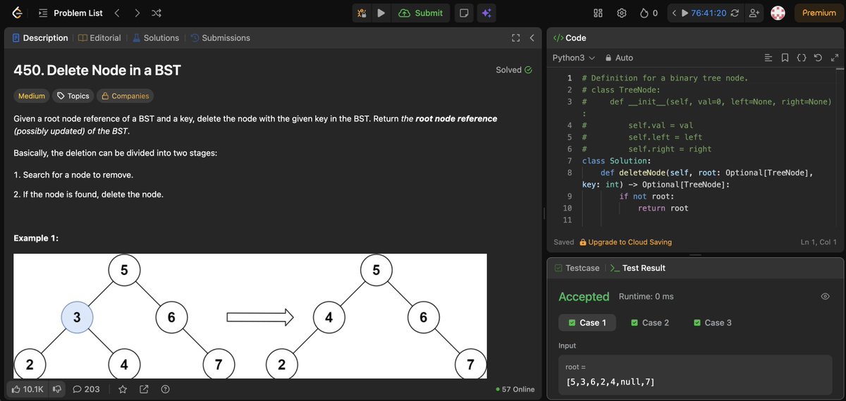 Topzee0o1's tweet image. Days 52 - 53 of #100DaysOfDSA

Still on BSTs 

From @striver_79

✅Studied Delete Node in a BST

✅Studied Kth Smallest Element in BST

✅Solved both on @LeetCode 😌

These ops really sharpening my BST fundamentals 

#Day53 #LeetCode #Python #takeUforward