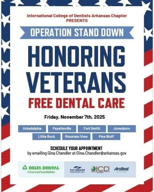 😁 Smiles for Those Who Served! 😁

This Friday, Veterans across Arkansas can receive free dental care during Operation Stand Down, a statewide event dedicated to giving back to those who’ve given so much for our country. ❤️ 🤍 💙