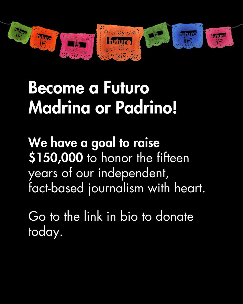 This is our fifteenth birthday: our quinceañera year! 

Our founder <a href="/Maria_Hinojosa/">Maria Hinojosa 🥑</a> knows that it hasn't been easy, but these 15 years have been filled with duty and joy.

To celebrate, help us reach our $150,000 goal! 

Donate Today ➡️ futuromediagroup.org/donate
