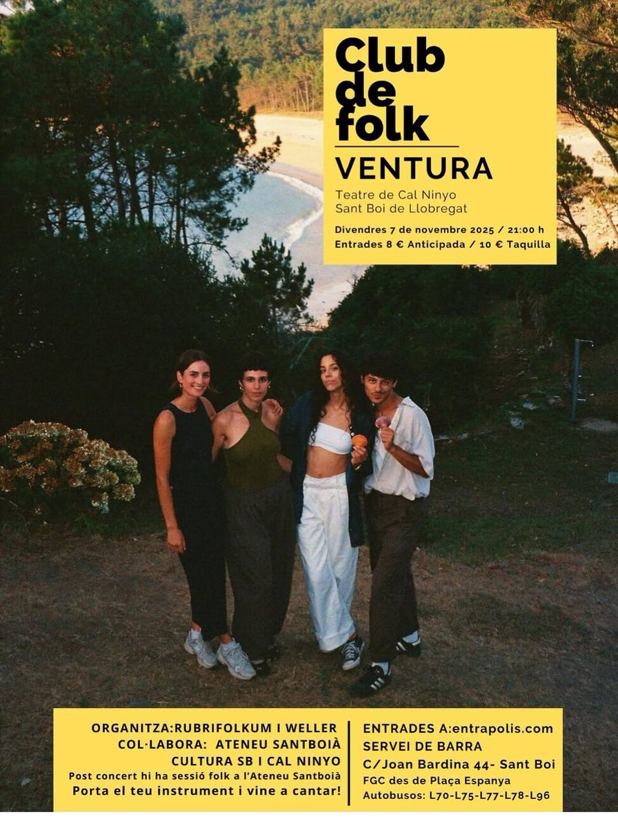 <a href="/minibusers/">Minibús Intergalàctic</a> <a href="/trininovagrup/">trinitatnova</a> <a href="/juditneddermann/">Judit Neddermann</a> <a href="/31FAM_/">31 FAM</a> <a href="/PauAlabajos/">Pau Alabajos</a> <a href="/UniBarcelona/">Universitat de Barcelona</a> <a href="/TROBADORETS/">Trobadorets</a> <a href="/vicmoliner/">Vic Moliner</a> <a href="/RazzmatazzClubs/">RazzmatazzClubs</a> 2/4 de 9hN 
✓ #FlamaradaFest a Canals:
Abril, <a href="/socesther/">ESTHER</a> #LaFúmiga #Malifeta Muixeranga i #Naina

9hN
✓ Club del Folk a Sant Boi/<a href="/Calninyo/">Cal Ninyo</a> 
✓ N'Gai N'Gai a Manresa/<a href="/voila_cat/">voila.cat</a>
✓ <a href="/RogerPedros/">fuiv</a> a Sabadell /<a href="/cavaurpi/">Cavaurpi</a>