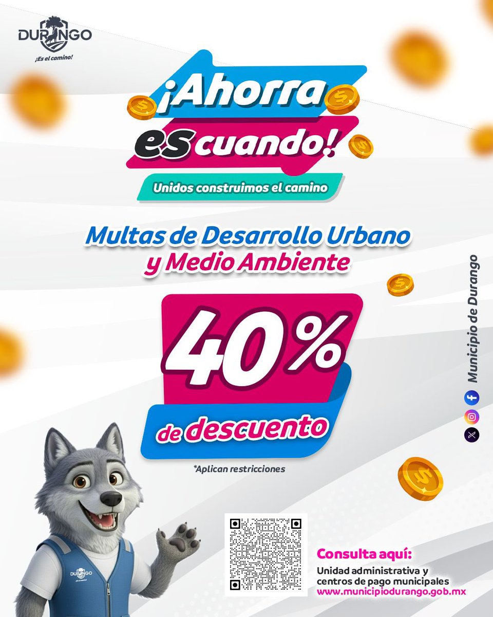 DurangoCap's tweet image. Aprovecha los descuentos en multas de Desarrollo Urbano y Medio Ambiente y ponte a mano con Durango. 🌿🦂

¡Porque en familia cuidamos nuestra casa! 🤍

#AhorraEsCuando
#DurangoEsElCamino 🐺