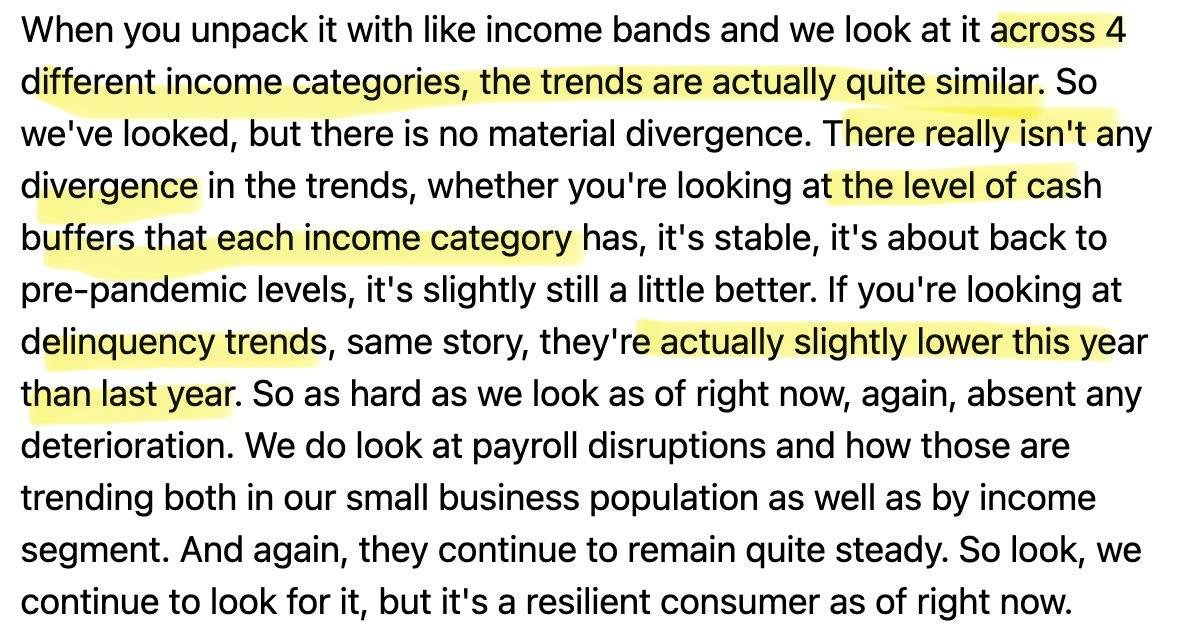 $JPM consumer banking CFO on US consumer: 'very resilient'. Q3 acceleration continues into Q4, including in discretionary. Not seeing divergence across incomes in contrast to McDonalds dour comments on low end. Cash buffers, delinquencies both favorable. $XLF $XLY $MCD