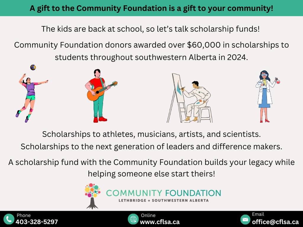 With the kids going back to school last week, it's a good time to remind you that a scholarship fund is a great way to build your legacy while helping someone else start theirs! 

To learn more about giving your gift to the Community Foundation, visit cflsa.ca/donate/