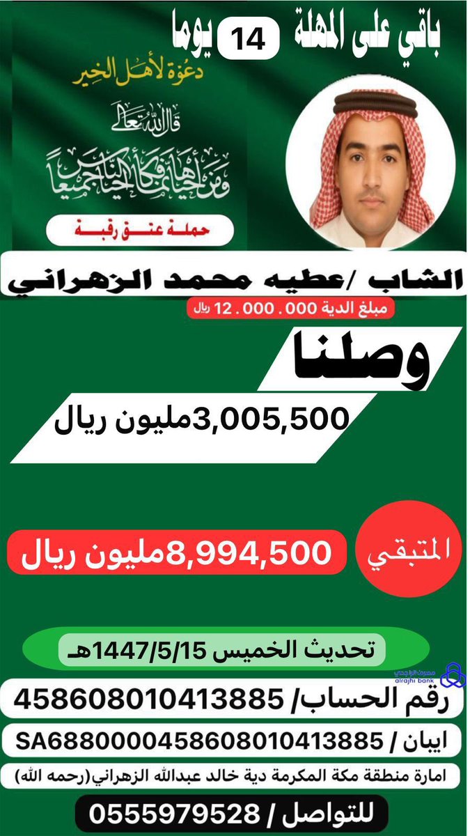 #عتق_رقبه_عطيه_الزهراني

ساهم معنا في عتق رقبة عطيه الزهراني

الحساب باسم امارة منطقة مكة المكرمة  ديه  
خالد عبدالله عقال الزهراني
مصرف الراجحي 
*458608010413885*
الايبان 
*SA6880000458608010413885*