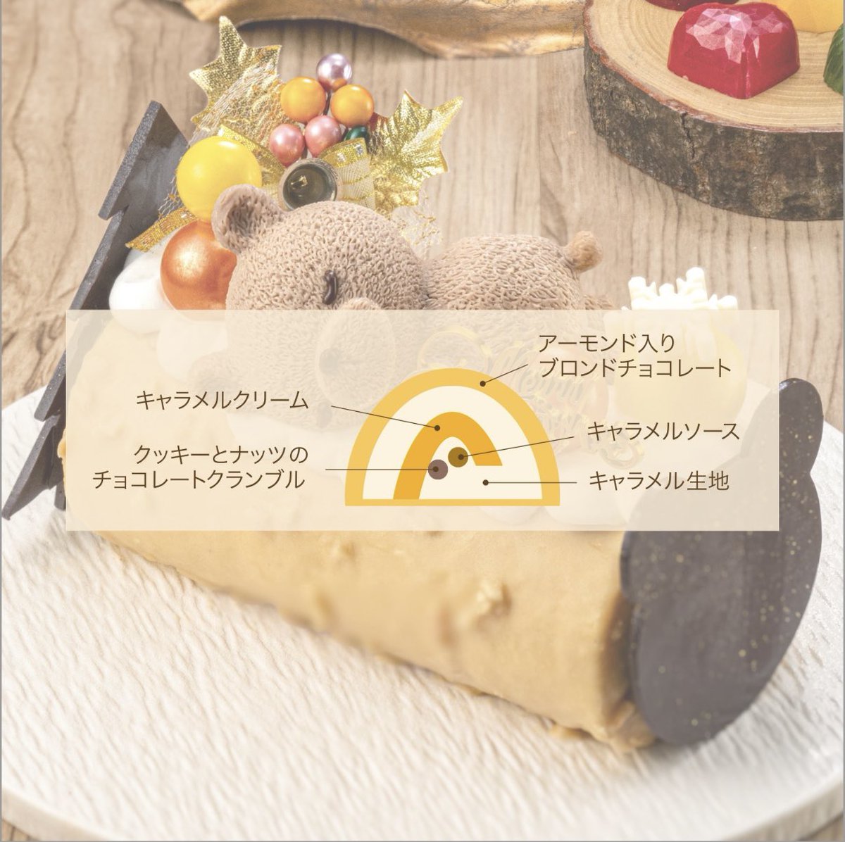 【くまの森クリスマスブッシュ(7cm×16cm)】5,724円
軽い食感のキャラメル生地に、コクのあるキャラメルクリーム、濃厚なキャラメルソースを巻きました。ブロンドチョコレートでコーティングし、可愛らしいくまさんがまるで森で眠っているかのようなXmasブッシュドノエルです。
#クリスマスケーキ