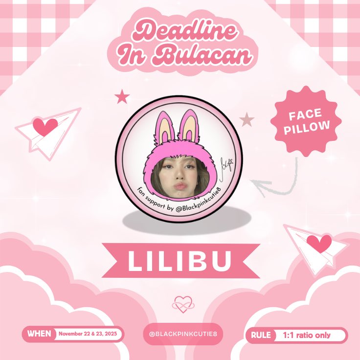 Blackpinkcutie8's tweet photo. Fan Support Alert! 💕

Lilibu Face Pillow for Deadline in Bulacan!
Day 1 &amp; Day 2

Limited quantity only.
Ratio: 1:1 
Follow + RT + Like
Open for trades

Stay tuned for the Jennie Project dropping soon 😉✨

#DEADLINE_IN_BULACAN #BLACKPINK_DEADLINE_IN_BULACAN https://t.co/MHL7B4YreP