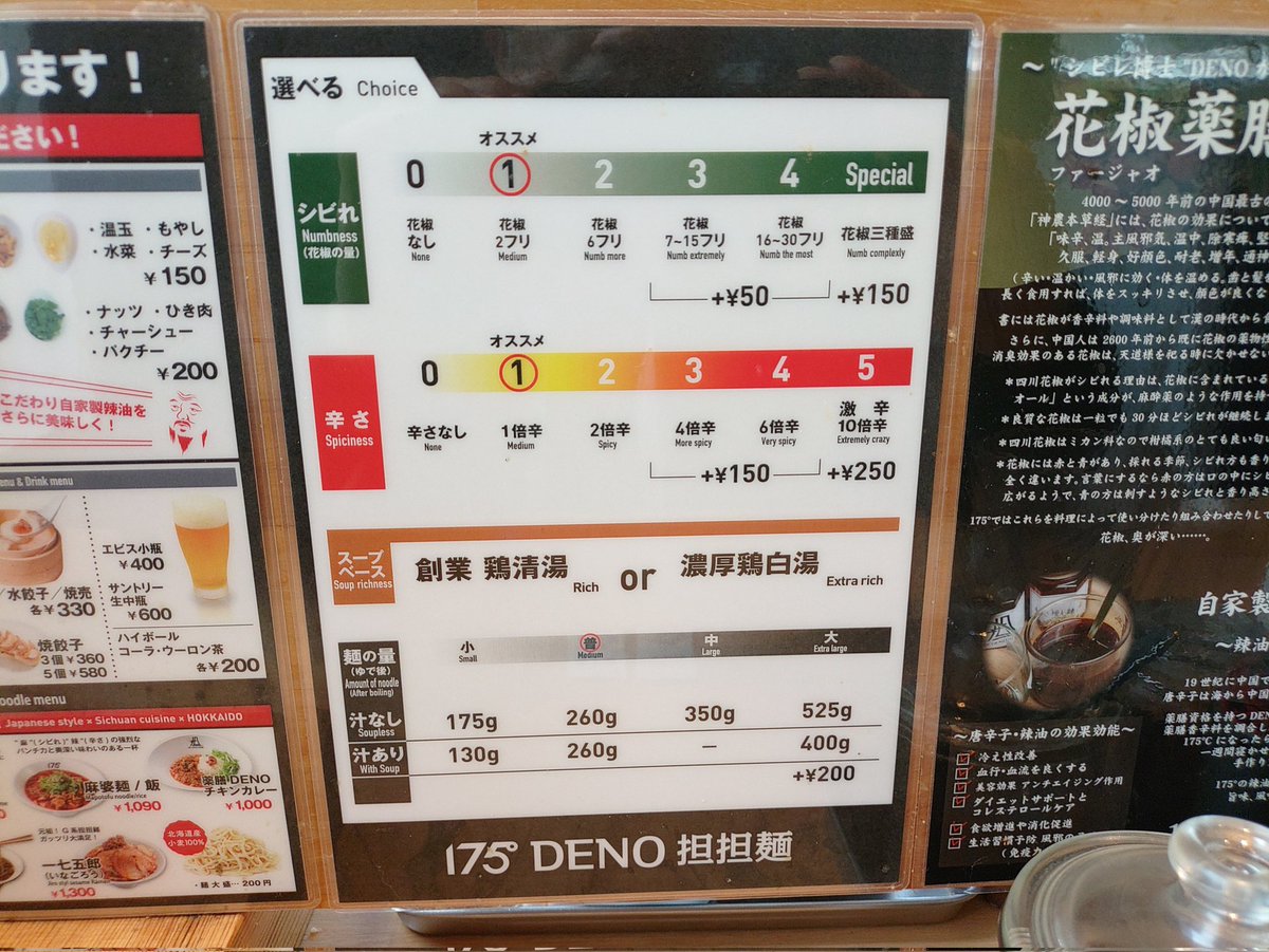 175°DENO担担麺 福島店
（福島県福島市）

白ごま汁あり担々麺（大盛）
シビれ１、辛さ２

食券購入して
着席後に辛さなどを選ぶスタイル

着丼の瞬間から
むせびくような花椒の香り

濃厚スープとひき肉
麺に贅沢に絡んで旨い

卓上の自家製辣油も投入
完食完飲
ご馳走様でした
次回は辛さアップかな