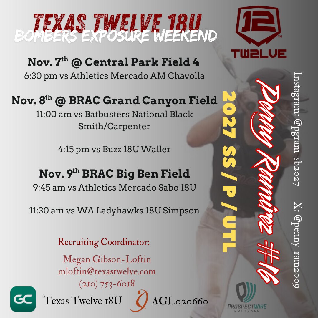 Updated schedule for Texas Twelve 18U for this weekends Bombers Exposure. <a href="/SoftballTwelve/">Twelve Softball</a> <a href="/TwelveRecruitSB/">Texas Twelve Recruiting Softball</a> <a href="/caseydickson717/">Casey Dickson</a> <a href="/coachpalegan/">Pal Egan</a> <a href="/coach_HaleyLee/">Haley Lee</a> <a href="/whyyousogood/">shelby janda</a> <a href="/Kara_Dill/">Kara Dill</a> <a href="/hunter_bunch10/">Hunter Bunch</a> <a href="/emason55/">Elizabeth Mason</a> <a href="/TheCoachColwell/">Coach C</a> <a href="/ErikaBennettGC/">Erika Bennett</a> <a href="/CorkyGallegos/">Corky Gallegos</a> <a href="/coachsuire/">Mark Suire</a> <a href="/Casady_Webb/">Casady Webb</a>