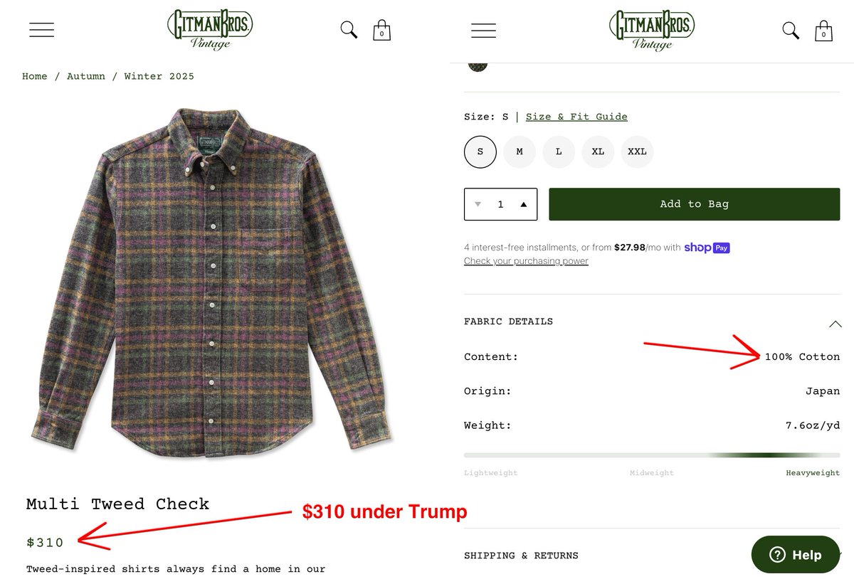 I disagree. I think Americans are suffering.

For instance, your imported cotton-polyester blend flannels retail for $75. No one wanted to buy them, so you had to discount them to $50.

A pure cotton, made-in-USA Gitman flannel shirt cost $280 under Biden. Under Trump, it's $310.