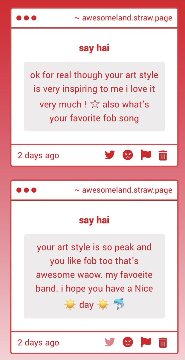 OMG😢😢😢🫶🫶 THANKYEW😢😢😢🫶I LOVE FOB SOOO MACH!!!!!i saw thjem live this summer top day ever ofmy life… my favorite song is bang the doldrums i associate it with skk in my yaoi mind palace but it is realy hard to chose only one they are so good