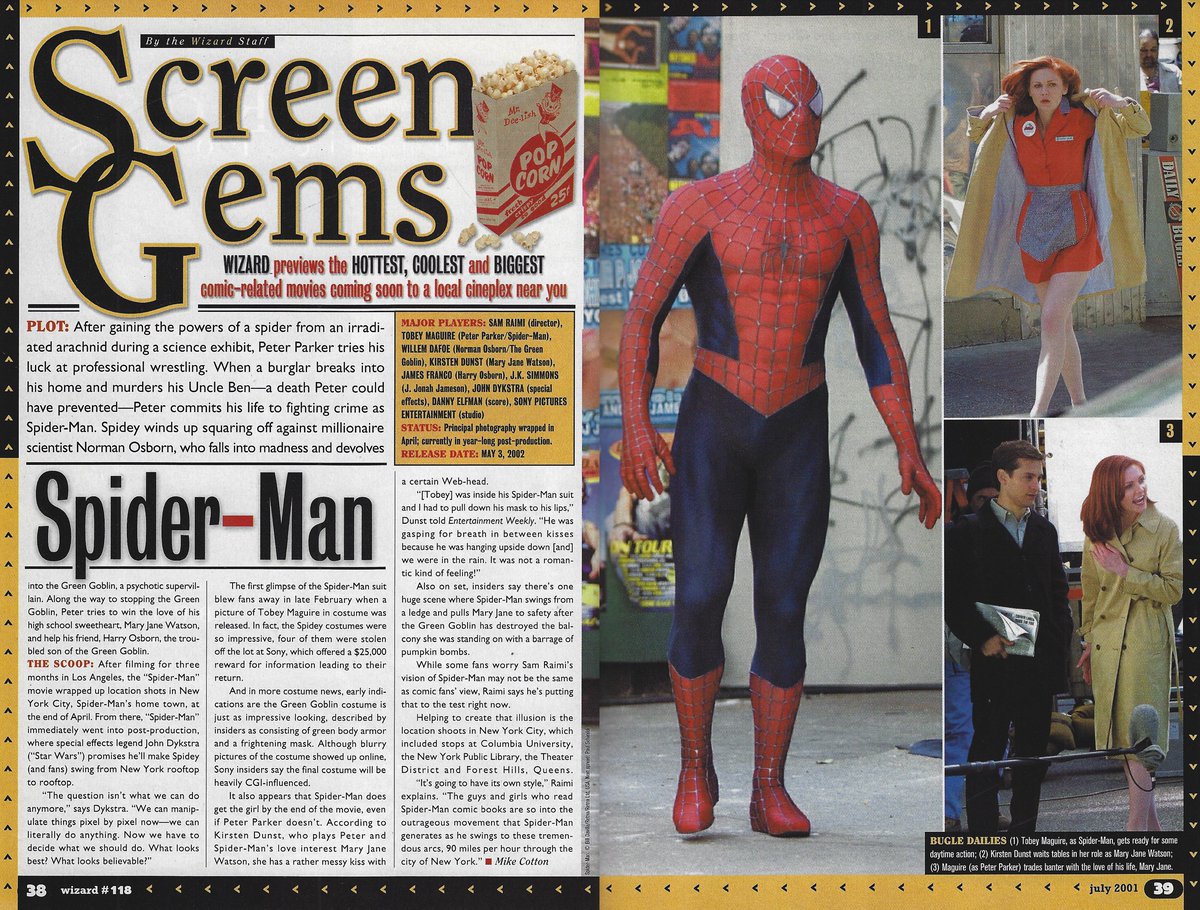Check out this update on the first Sam Raimi #spiderman movie from Wizard 118 with on-set photos and an interesting description of Spidey and MJ's infamous kiss in the rain.