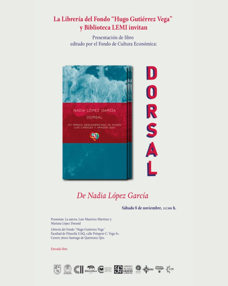 Sab 8 nov 11 HRS. Librería del fondo Hugo Gutiérrez Vega. 
Facultad de filosofía UAQ.
Charla con Nadia López García, escritora mixteca.
¡Les esperamos!
#atoctlicultural 
#literaturaindigena 
#lenguasmexicanas