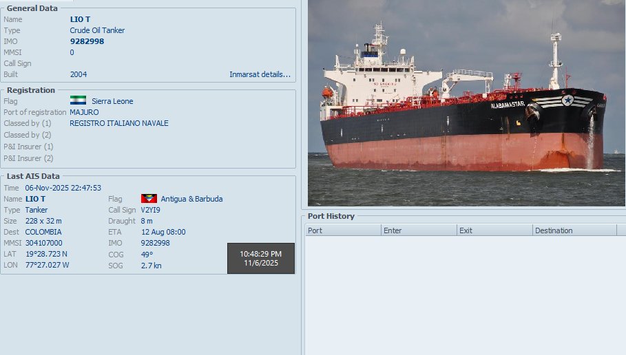 FlconEYES's tweet image. LIO T 9282998
90 días de navegación en el mapa. 
#Furtive #tanker #Oil #oilandgas #Diesel #Gas 
#VesselAlert #AIS #Maritime #OSINT #6Nov