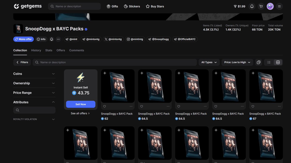 Frozenmind007's tweet photo. @AndyXD77 @BoredApeYC @SnoopDogg @getgemsdotio @ton_blockchain @durov Nice Infrastructure , I Also Minted one pack ! 
After get another on on @getgemsdotio  
@BoredApeYC  x @SnoopDogg  

https://t.co/BFm8rI1SsY https://t.co/Ol1eTYB0lI