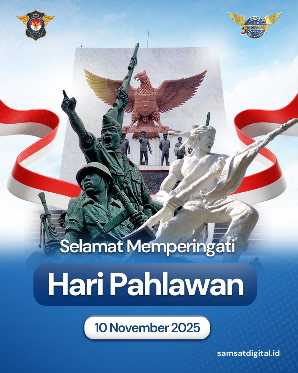 SamsatDigital's tweet photo. Selamat memperingati hari Pahlawan!✨

Mari terus berkontribusi untuk negeri, sekecil apa pun langkahnya. Jangan biarkan semangat para pahlawan hanya jadi cerita dan jadikan tindakan nyata 😇

#PastiLebihMudah
#TidakPerluKeSamsat
#BayarPajakPakaiSIGNAL
#SamsatDigitalNasional https://t.co/36dpH4GkBT