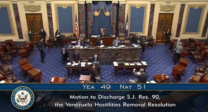 Image displays the ornate U.S. Senate chamber interior with wooden desks arranged in a semicircle, blue carpeted floor, American flags on either side of the presiding officers desk, multiple senators seated and standing in formal attire, large overlay text at bottom reading YEA 49 NAY 51 and Motion to Discharge S.J. Res. 90 The Venezuela Hostilities Removal Resolution.