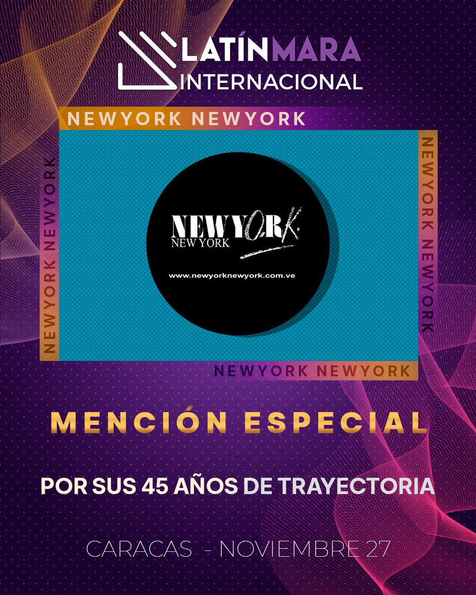 La organización LatinMara Internacional se complace en reconocer a NEW YORK NEW YORK ® con el premio por sus 45 años de Trayectoria.

¡Un merecido honor a esta marca que ha marcado la pauta del entretenimiento en Venezuela, America y Europa!