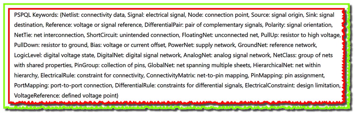 En_Collocations's tweet image. در #PSPQL از علامت نقل‌قول 🌿 برای رشته‌ها استفاده نمی‌شود تا ساختار به‌صورت طبیعی‌تر 🍃 شبیه دیکشنری کد به‌نظر برسد 🌱 و راحت‌تر توسط ابزارهای پردازش متن 🌾 تحلیل شود.
#PSPQL_dictionary 
e.g. 
{Netlist: connectivity data, BOM: Bill of Materials, PDF: schematic document}