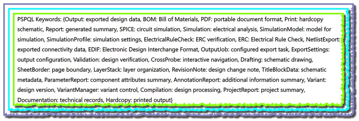 En_Collocations's tweet image. در #PSPQL از علامت نقل‌قول 🌿 برای رشته‌ها استفاده نمی‌شود تا ساختار به‌صورت طبیعی‌تر 🍃 شبیه دیکشنری کد به‌نظر برسد 🌱 و راحت‌تر توسط ابزارهای پردازش متن 🌾 تحلیل شود.
#PSPQL_dictionary 
e.g. 
{Netlist: connectivity data, BOM: Bill of Materials, PDF: schematic document}