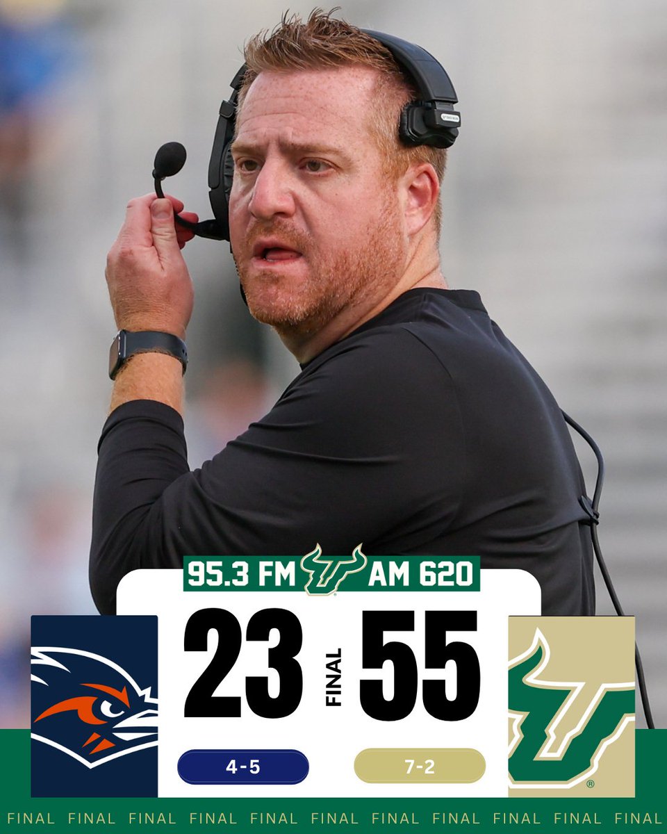 957WDAE's tweet image. The #USF Bulls take down UTSA, 55-23, at home, improving to 7-2 on the year.

📸 Getty