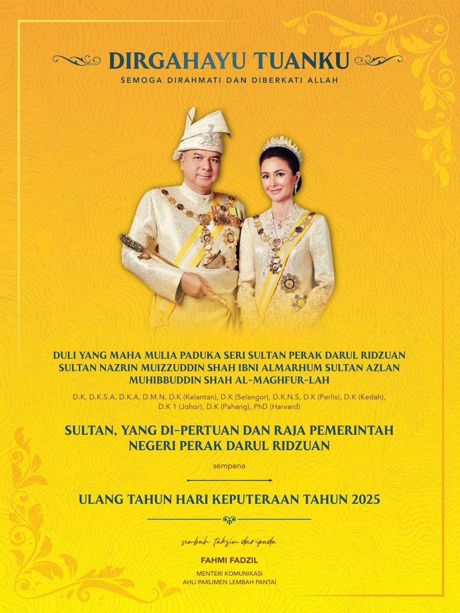 Merafak Sembah Ucapan Setinggi-Tinggi Tahniah Duli Yang Maha Mulia Paduka Seri Sultan Perak Darul Ridzuan, Sultan Nazrin Muizzuddin Shah Sempena Sambutan Ulang Tahun Hari Keputeraan Duli Tuanku Bagi Tahun 2025. 

Semoga Allah Subhanahu Wa Ta‘ala melanjutkan usia, mengurniakan