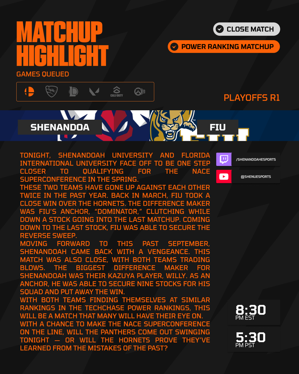 NACEsports's tweet photo. Let's get ready to rumble!

@ShenUesports and @fiuesports look to settle the score tonight to move on in NACE SSBU Playoffs ⤵️ https://t.co/thFa8HH00V
