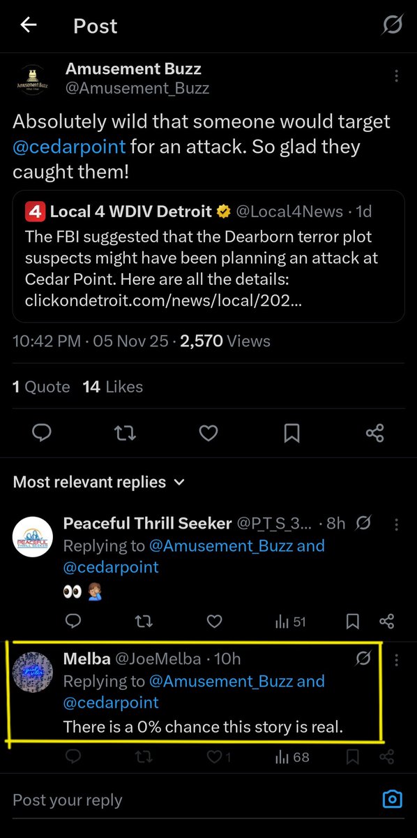 Imagine being this delusional... 🤦‍♂️
Six Flags themselves released a public statement about it, ffs.
What would they stand to gain by releasing a statement about an FBI investigation that they cooperated with, if it didn't actually happen??
If anything, this would hurt attendance.