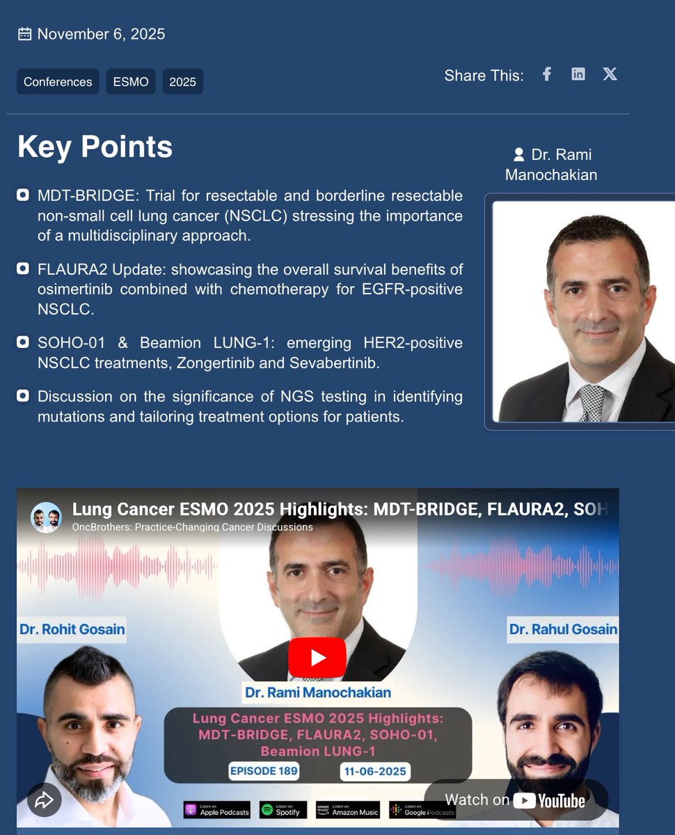 ▶🔥Hot off the press #Podcast alert. 

True pleasure to join the amazing <a href="/OncBrothers/">Oncology Brothers</a> on:

✅#LungCancer Highlights Podcast from <a href="/myESMO/">ESMO - Eur. Oncology</a> #ESMO25.

Kudos on your great work #Educating the #Oncology community on the latest in #CancerCare.

Link to podcast👇🏻
oncbrothers.com/esmo-lung-2025
