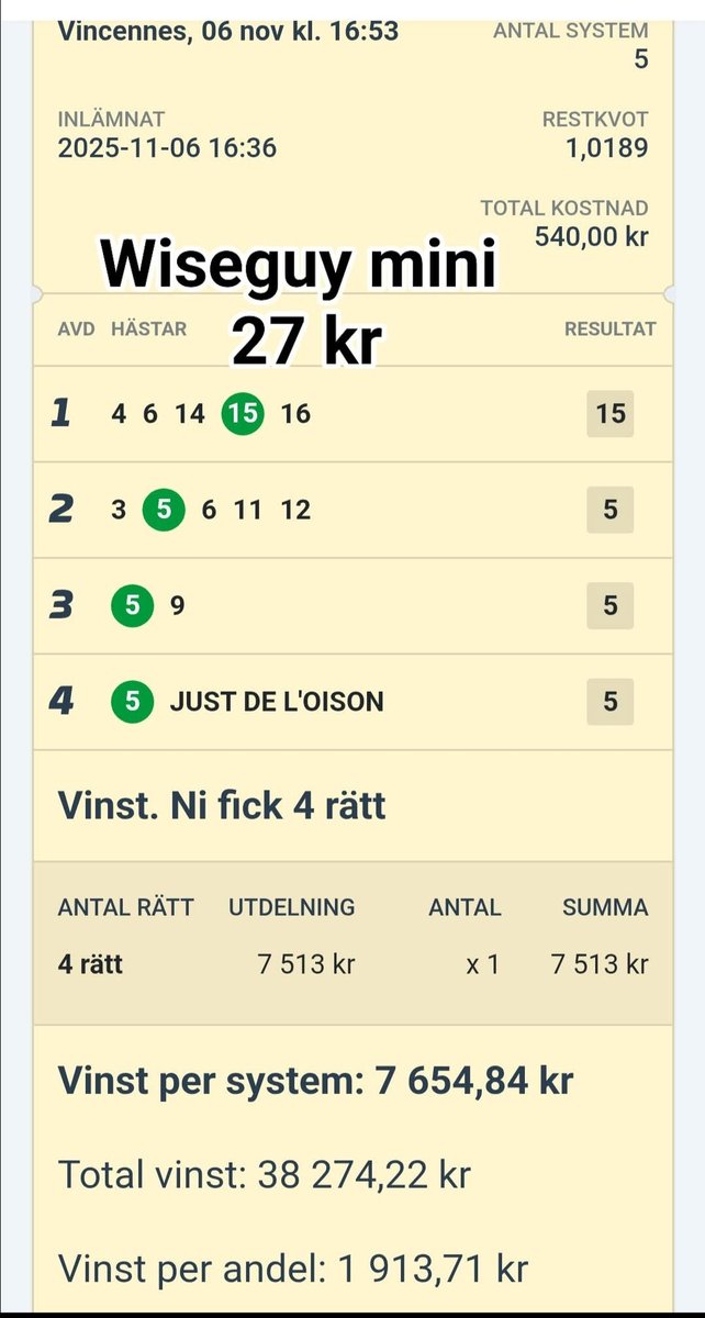 𝟳𝟭 𝗚Å𝗡𝗚𝗘𝗥 𝗣𝗘𝗡𝗚𝗔𝗥𝗡𝗔 PÅ 𝗩𝟰!

Fin vinst på gårdagens V4 från Vincennes, insats 27kr, vinst 1 913 kr per andel 💥

Fredagen inleds med V65 &amp; V4 från Rättvik  🇸🇪 
Dessutom stort fokus på lördagens V85, se hela mitt utbud via länken:

atg.se/succeandelar/s…
