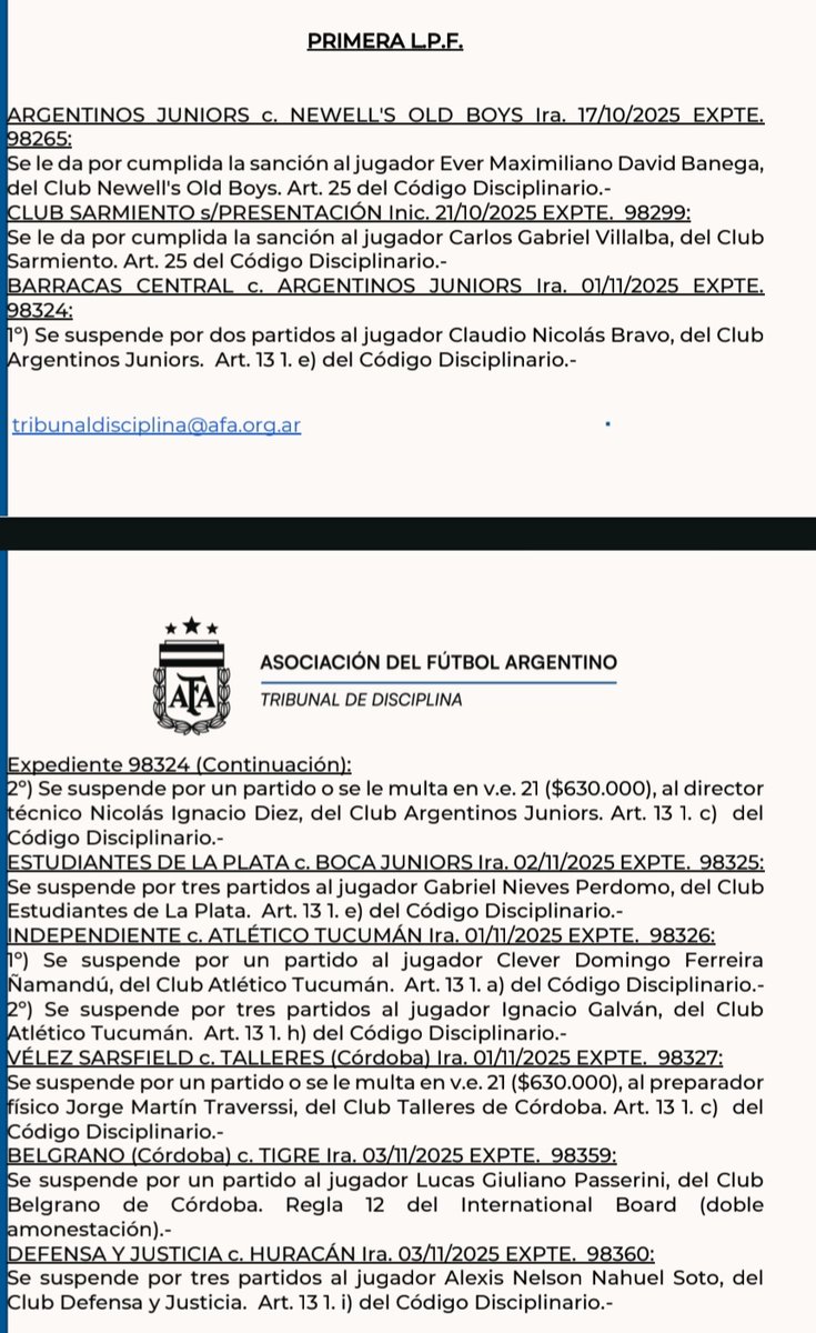 Tribunal  de Disciplina de <a href="/afa/">AFA</a>. Sanciones....