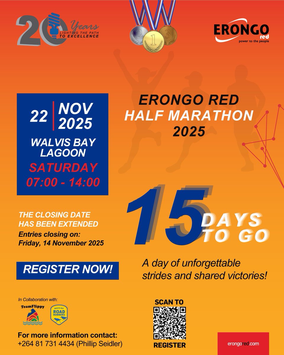 ⏳ 15 DAYS LEFT! 

The Erongo RED Half Marathon is almost here, are YOU ready to make history? 🏅🏅

📲 Scan the QR code or click the link to register forms.gle/cgJvPXkwqWWuV3…

#15DaysToGo #RunWithPower #ErongoREDHalfMarathon2025