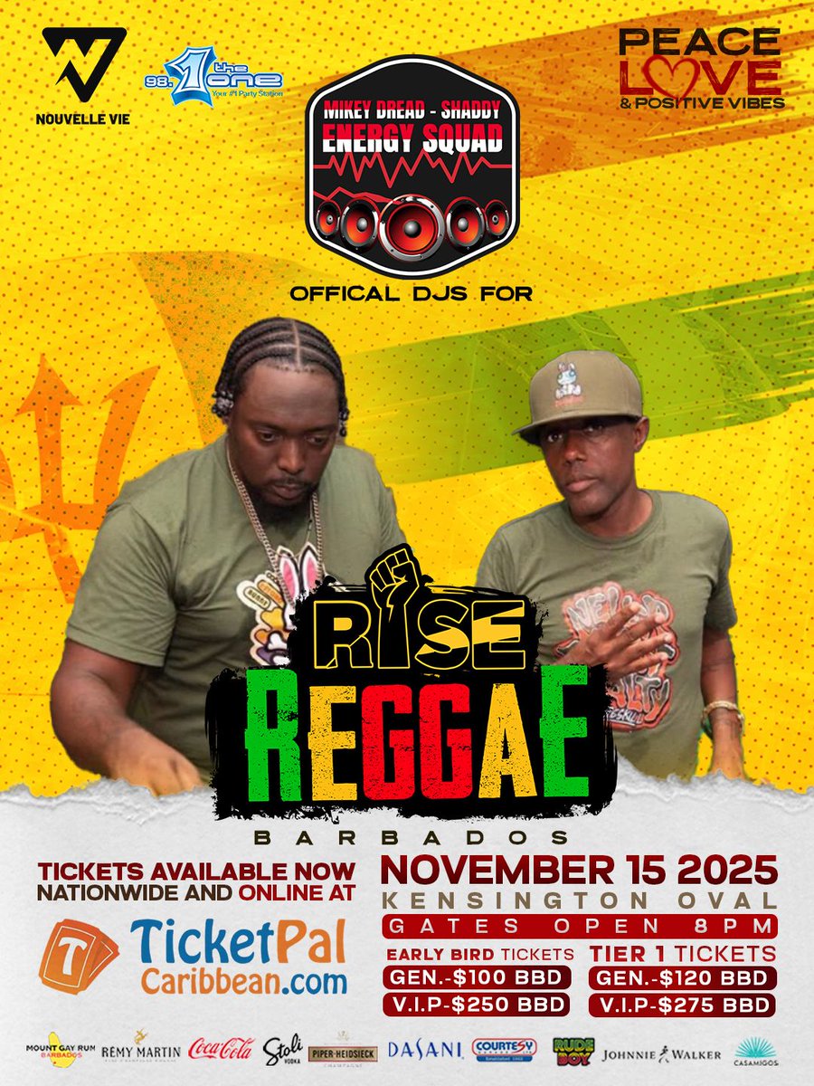 𝗘𝗻𝗲𝗿𝗴𝘆 𝗟𝗼𝗮𝗱𝗶𝗻𝗴…🎧⚡

𝙈𝙞𝙠𝙚𝙮 𝘿𝙧𝙚𝙖𝙙 &amp; 𝙎𝙝𝙖𝙙𝙙𝙮 are ready to light up Kensington Oval on November 15 — bringing that unstoppable mix of roots, dancehall &amp; Caribbean fire 🎶💥

#RiseReggae #EnergySquad #MikeyDread #Shaddy #ReggaeVibes #KensingtonOval