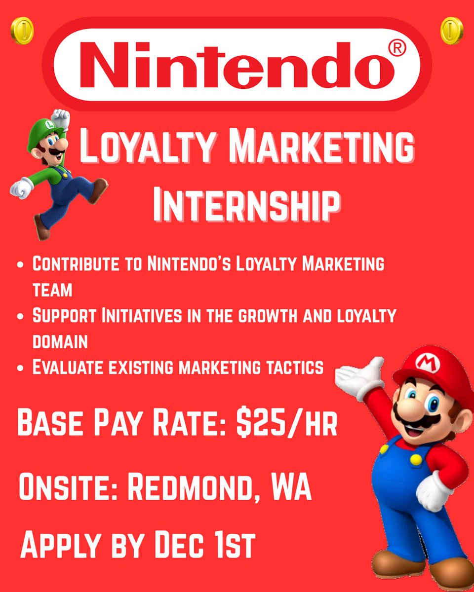 🔴 INCOMING NINTENDO OPPORTUNITY 🔴

Location 🌎: Redmond, WA
Pay💰: $25/hr
Housing and Traveling support will be provided‼️

Be sure to apply by December 1st and view the official Nintendo website for more details.