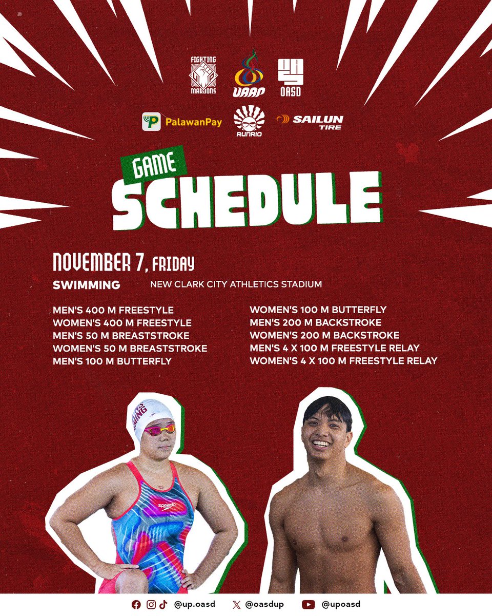 The UP TFT 🏃‍♂️ and UP VST 🏊‍♀️ are back in action for Day 2️⃣, chasing higher ranks, faster times, and looking to add more points to their tally as they aim to rise UP the leaderboard.

Our #SugodUP, #LabanUP, and #UPFight are powered by Palawan Pay, RUNRIO Inc., and Sailun Tire.