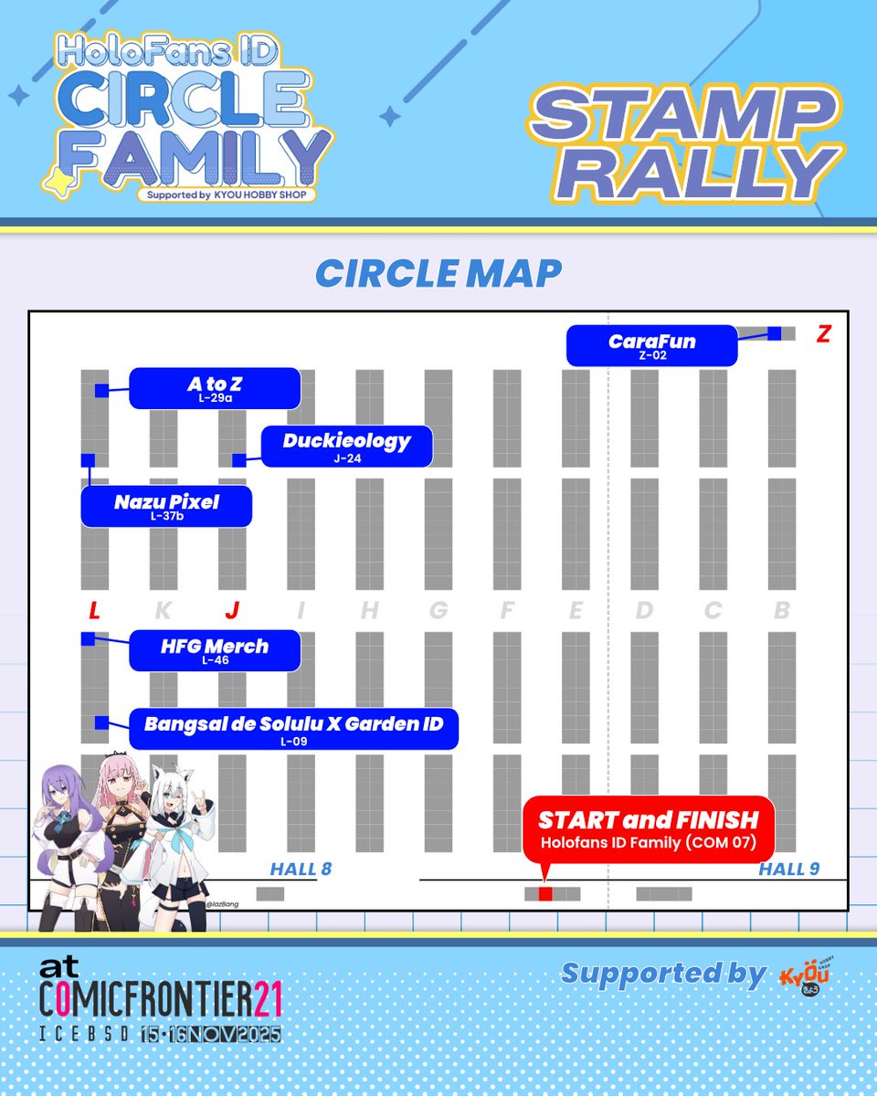 Hello Holofans!
HoloFans ID Family is hosting a community booth at #CF21 and holding Stamp Rally!

Pick up your stamp card at Community Booth no. 07. Visit our circle partners to get a raffle chance. Also you can get more chance by completing other quest!