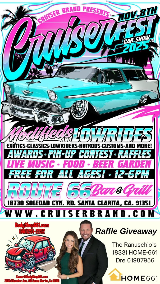 BodyShop661Auto's tweet image. 🚗💥 Cruiser Brand Route 66 Lowrider Car Show! 💥🏡

Hey everyone — Cesar661 here! I’d love for you to join us this weekend for the Cruiser Brand Route 66 Lowrider Car Show happening from 12 PM to 6 PM.

I’ll be out there representing both BodyShop661 and Home661 with our booth!!