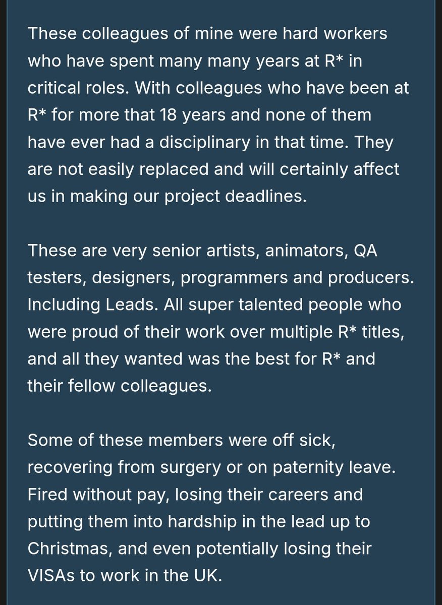 rdrfiles's tweet photo. while most of you are more worried about the delay of the GTA VI release, i remind you that 34 developers who were working hard on the game for the past decade got fired without notice for discussing Rockstar's mistreatment over their workers. 
https://t.co/I1rWoTL1Ef https://t.co/DCjjCWIepz