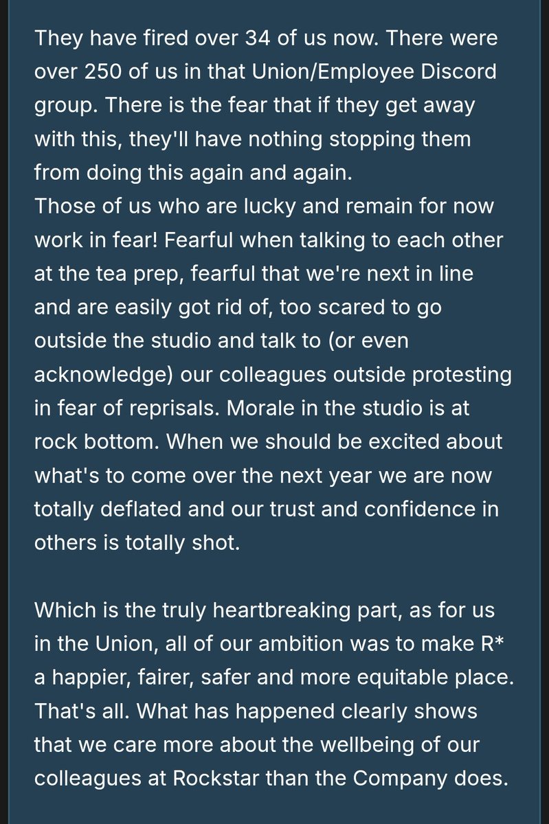 while most of you are more worried about the delay of the GTA VI release, i remind you that 34 developers who were working hard on the game for the past decade got fired without notice for discussing Rockstar's mistreatment over their workers. 
linktr.ee/iwgbrockstar