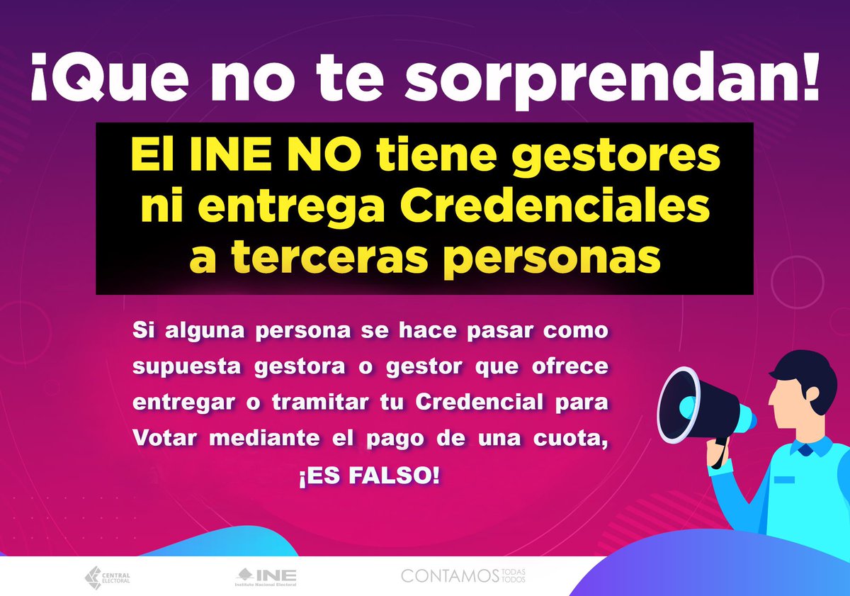 ⚠️ Que no te engañen. Todos los trámites del INE México son gratuitos. ine.mx